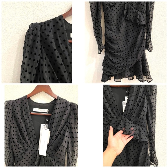 NWT IRO Flocked Silk Puff Sleeve Asymmetrical Ruffled Dress LBD Size 34 - Picture 13 of 16